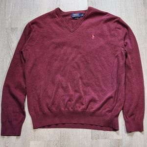 Polo Ralph Lauren Sweater Mens Large Burgundy V-Neck Pima Cotton Knit Pullover